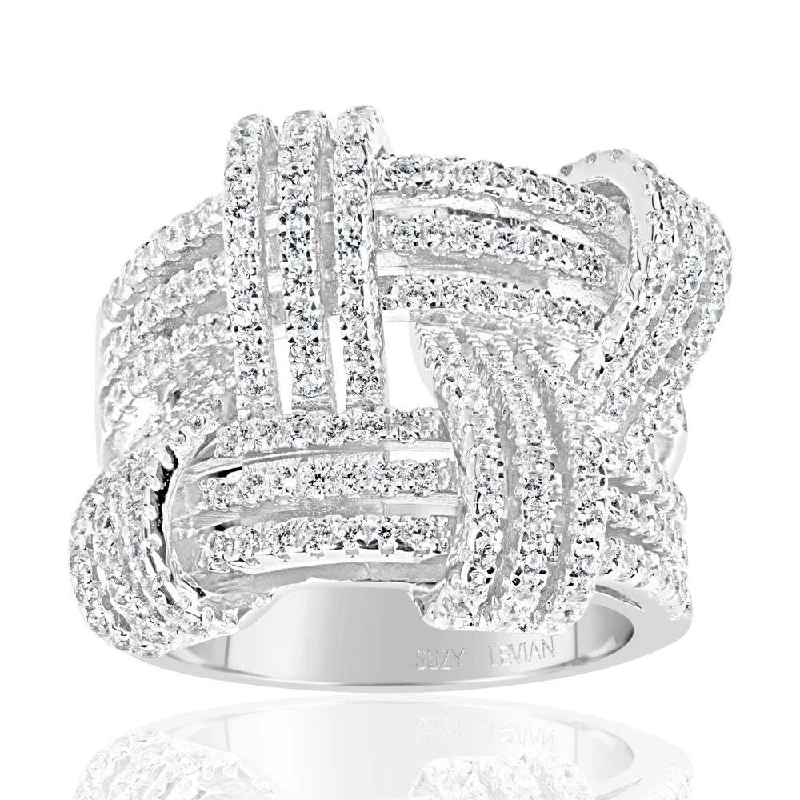 gleaming diamond ring-Suzy Levian Sterling Silver Cubic Zirconia Weaving Wide Band Ring