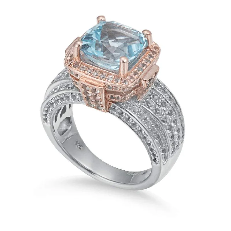 slender diamond ring-Suzy Levian Sterling Silver Cushion 6.5 cttw Blue and White Topaz Ring