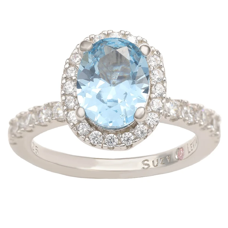 extravagant cocktail ring-Suzy Levian Sterling Silver Oval Aqua Cubic Zirconia Halo Ring