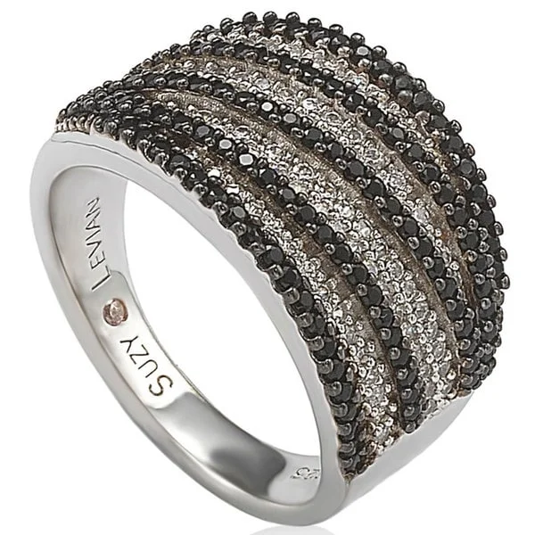 pearl coiled ring-Suzy Levian Sterling Silver Pave White & Black Cubic Zirconia Ring