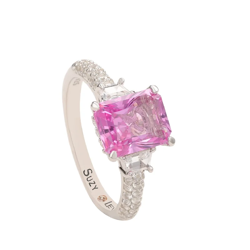 slender couple ring-Suzy Levian Sterling Silver Pink Sapphire & Diamond Accent 3cttw Emerald Cut Bridal Ring