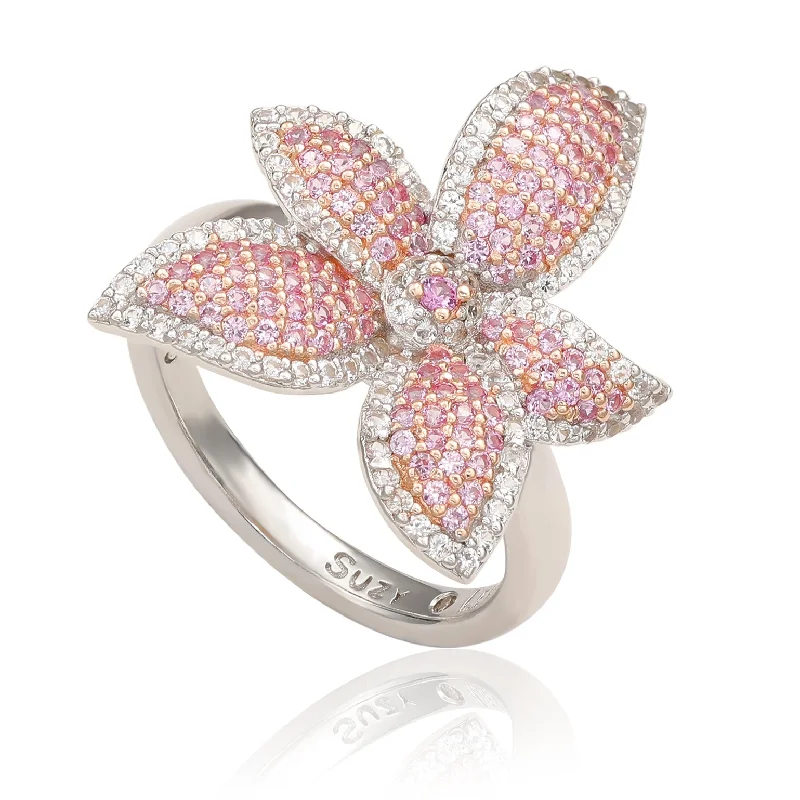 extravagant silver ring-Suzy Levian Sterling Silver Pink Sapphire & White Sapphire Flower Ring