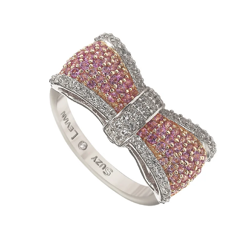 rose gold seven-band ring-Suzy Levian Sterling Silver Pink & White Sapphire & Diamond Accent Bow Ring