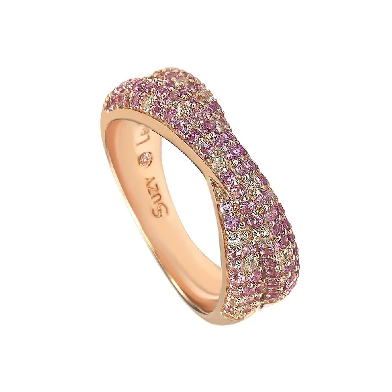 fluid promise ring-Suzy Levian Sterling Silver Pink & White Sapphire & Diamond Accent Petite Pave Crossover Ring