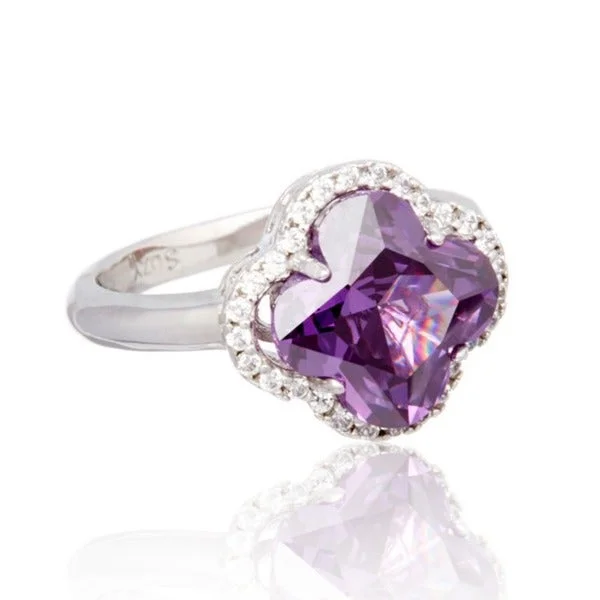 ancestral birthstone ring-Suzy Levian Sterling Silver Purple Cubic Zirconia Halo Ring