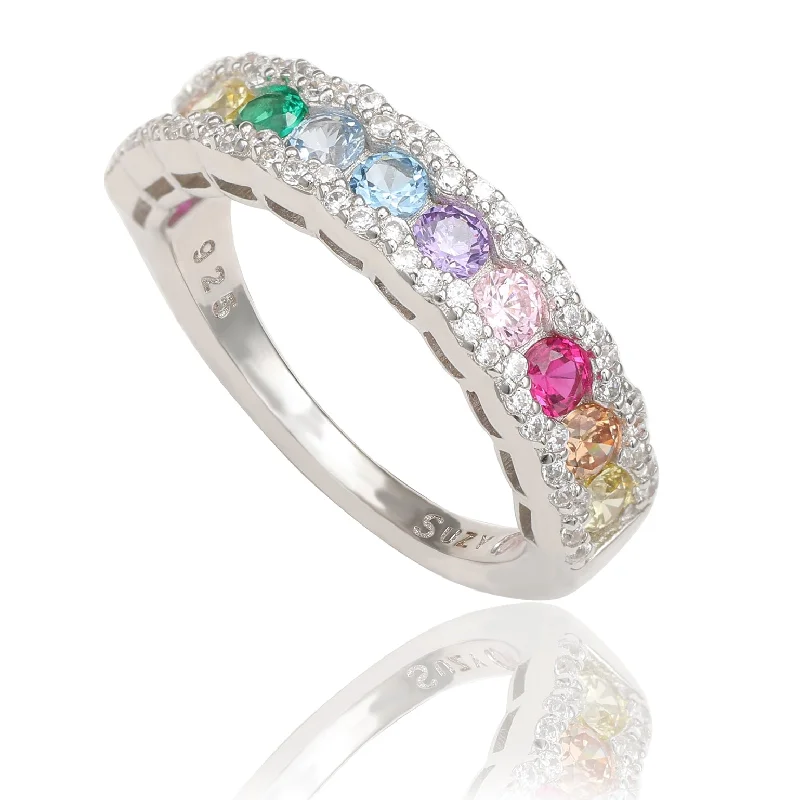 distressed statement ring-Suzy Levian Sterling Silver Rainbow Cubic Zirconia Eternity Half Band