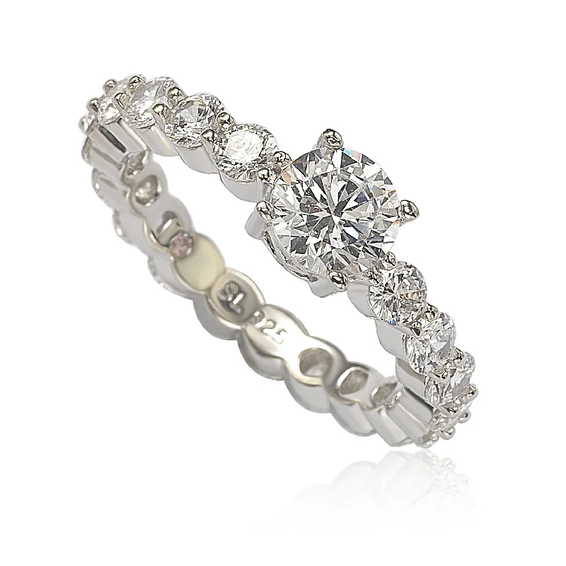 sturdy silver ring-Suzy Levian Sterling Silver Round Cut Cubic Zirconia Bridal Eternity Band