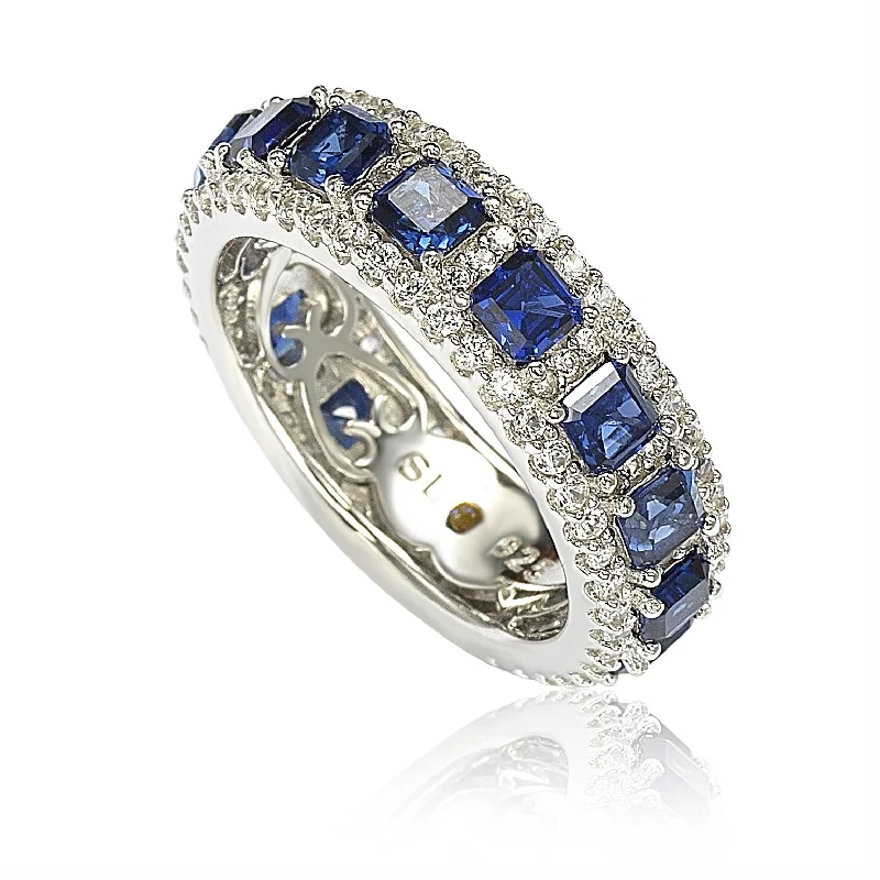 sculpted silver ring-Suzy Levian Sterling Silver Sapphire and Diamond Modern Eternity Band