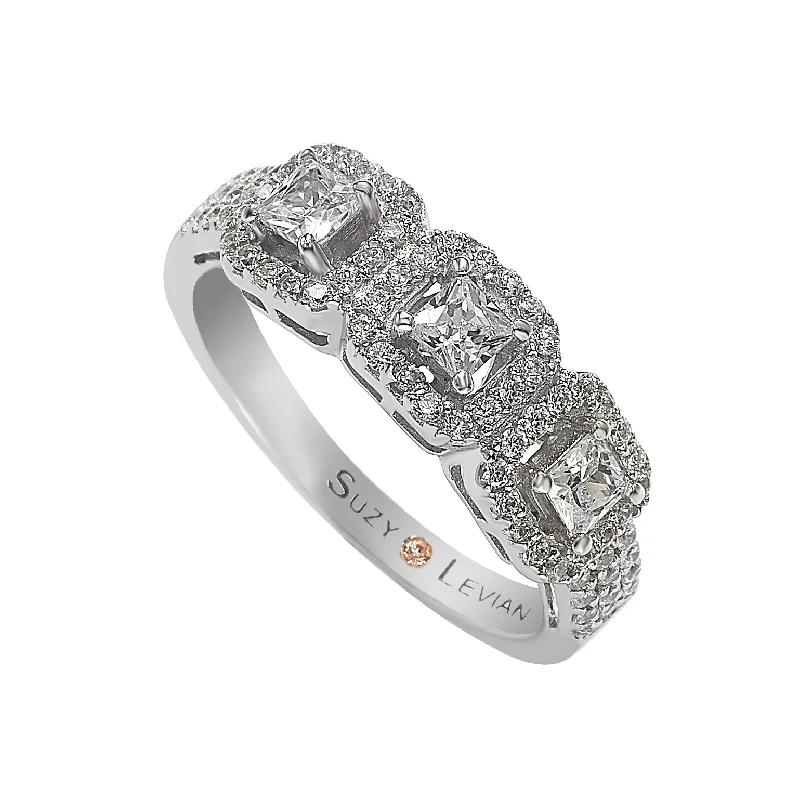 glowing gold ring-Suzy Levian Sterling Silver White Cubic Zirconia 3-Stone Asscher-Cut Band