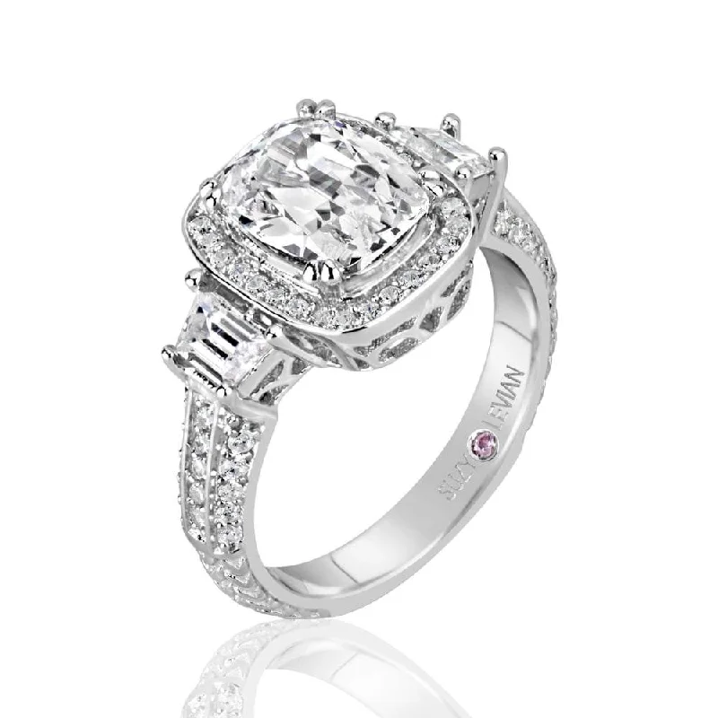 bronze band ring-Suzy Levian Sterling White Elongated Cushion Cut Cubic Zirconia Bridal Ring