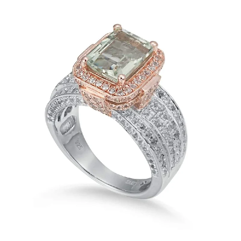 sprig diamond ring-Suzy Levian Two-Tone Sterling Silver 5.18 cttw Green Amethyst Ring