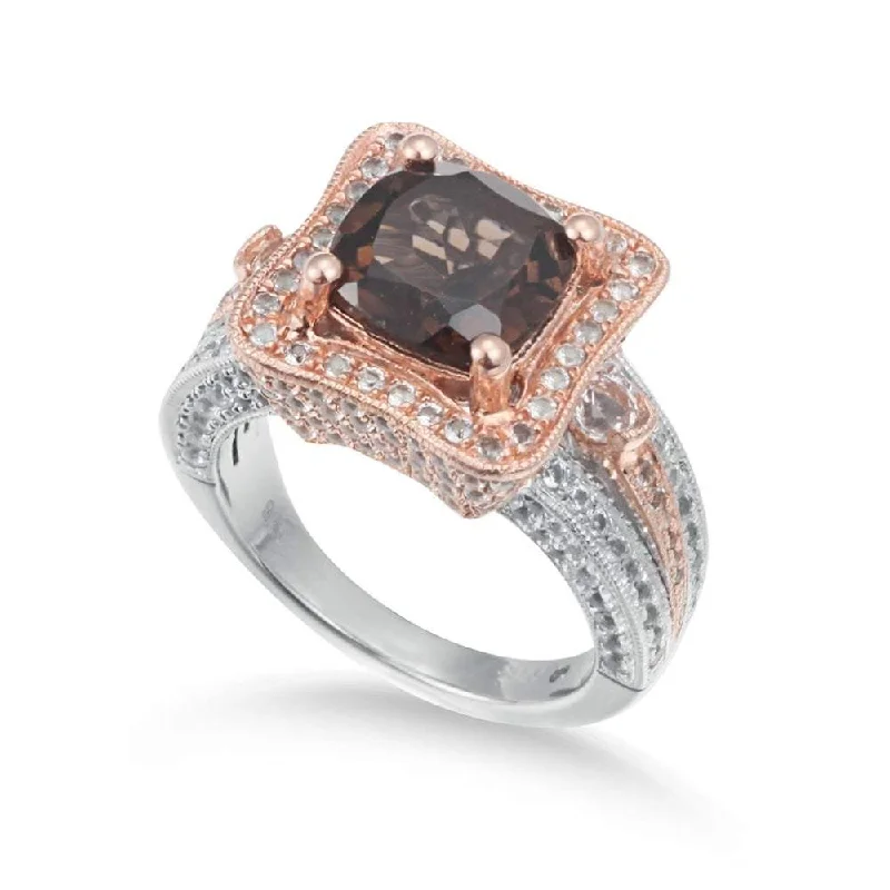 ripple-shaped ring-Suzy Levian Two-Tone Sterling Silver 5.48 cttw Cushion cut Smoky Quartz Ring