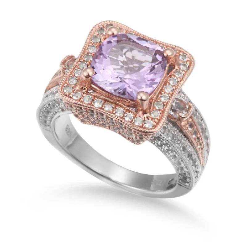 retro-style promise ring-Suzy Levian Two-Tone Sterling Silver 5.57 cttw Cushion Cut Purple Amethyst Ring