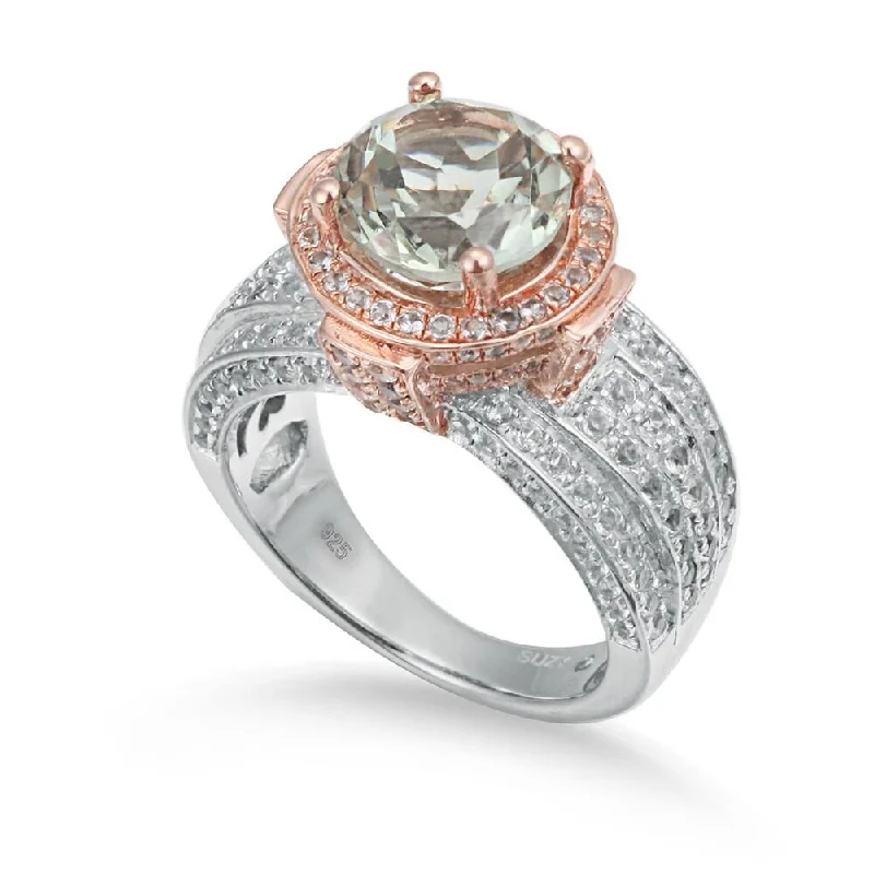 interlocked gold ring-Suzy Levian Two-Tone Sterling Silver Round 5.01 cttw Green Amethyst Ring