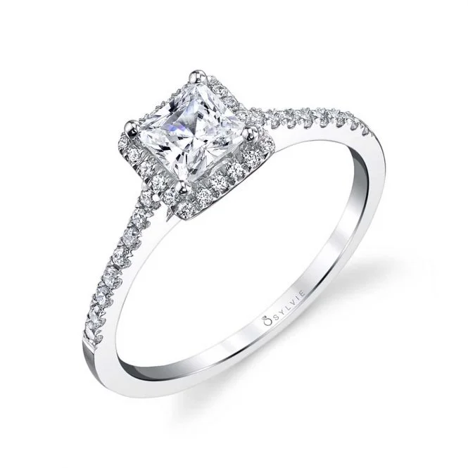 sculpted silver band ring-Sylvie Collection 18K White Gold .23ctw Diamond Square Halo Engagement Ring Semi-Mount (71393)