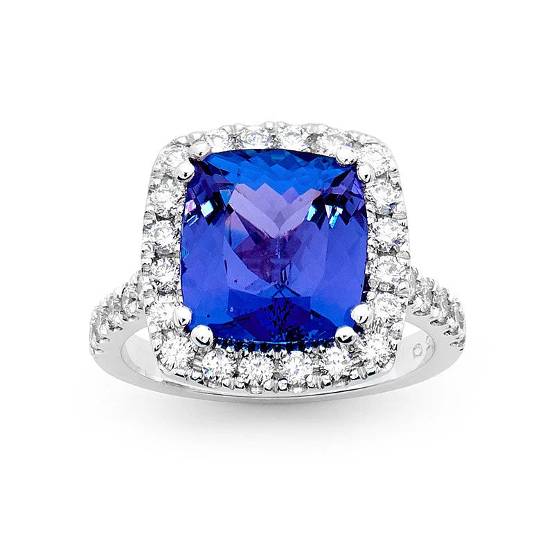 aquamarine halo ring-Tanzanite Cushion Shape Dress Ring with Diamond Halo and Shoulder Diamonds