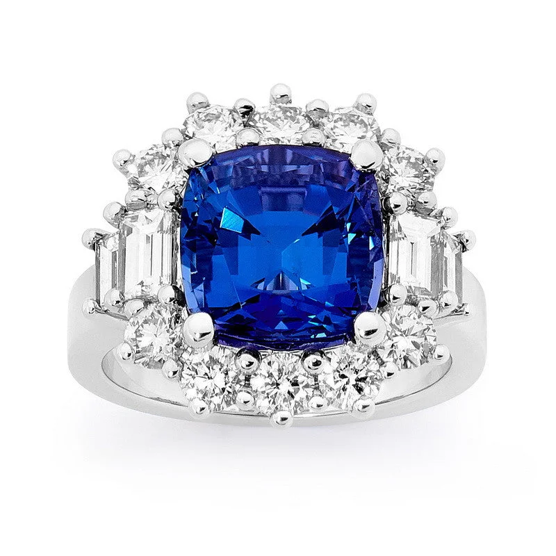 pearl sprig ring-Tanzanite Cushion shape with Unique diamond halo dress ring