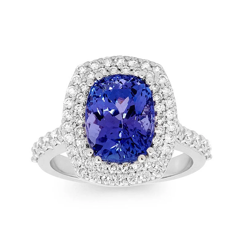 chiseled couple ring-Tanzanite Dress Ring with Double Diamond Halo and Shoulder Diamonds