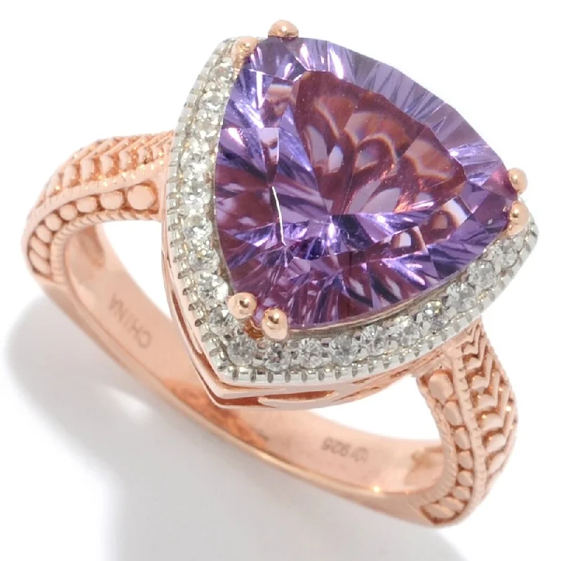 chiseled monogram ring-Trillion Shaped Pink Amethyst & White Zircon Halo Ring