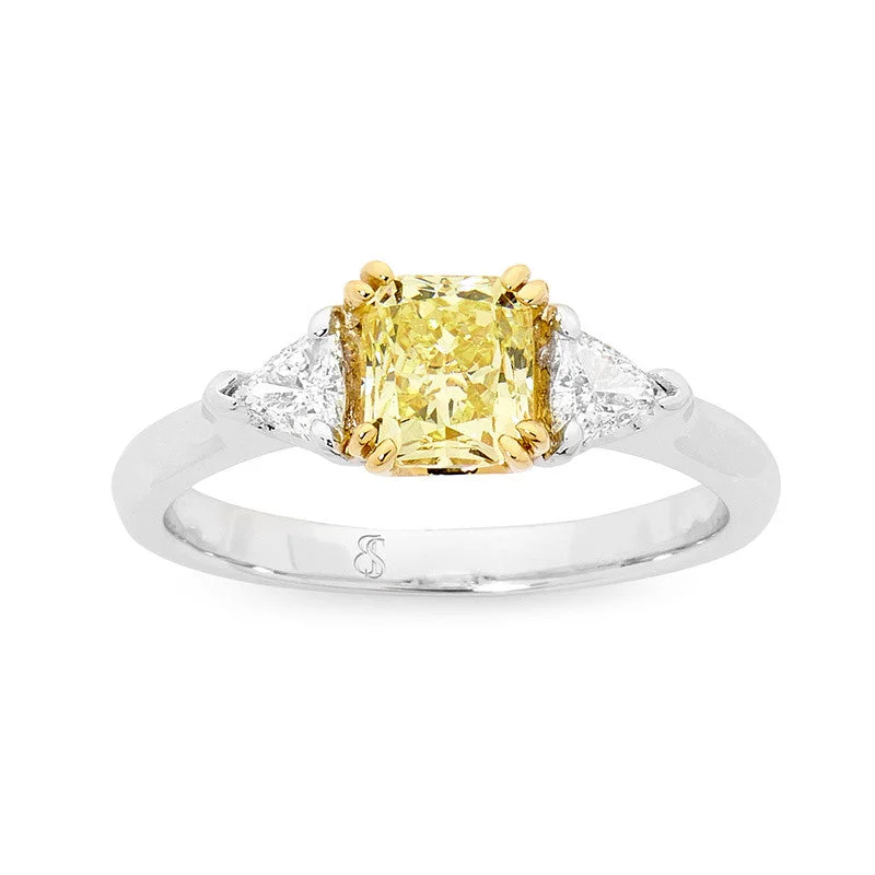 sprig chiseled ring-Yellow Cushion cut and trilliant diamond trilogy ring