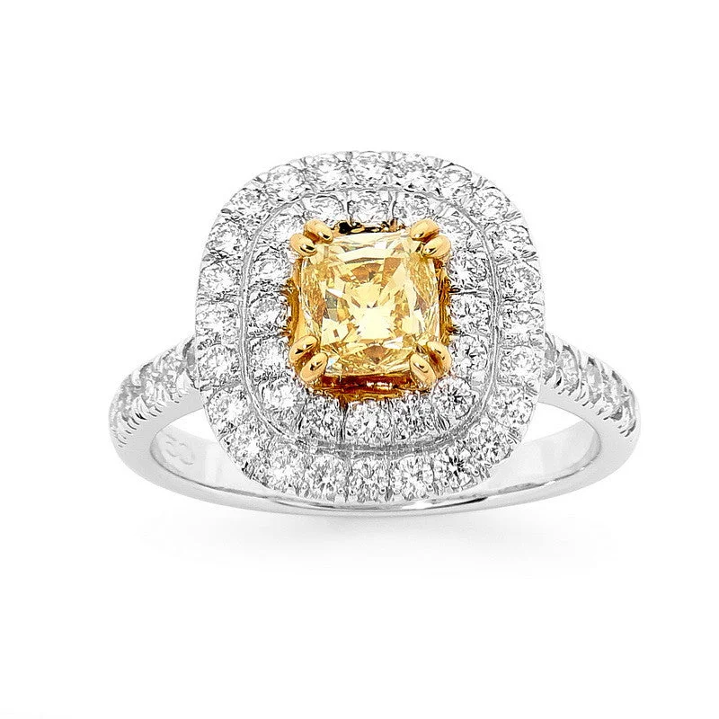 adaptable gold ring-Yellow Cushion cut diamond Ring with double halo and shoulders