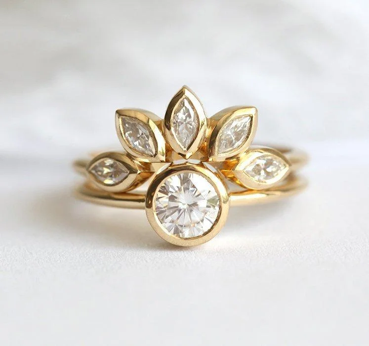 adaptable stacking ring-Floral Diamond Engagement Ring Set With Petal Crown Band