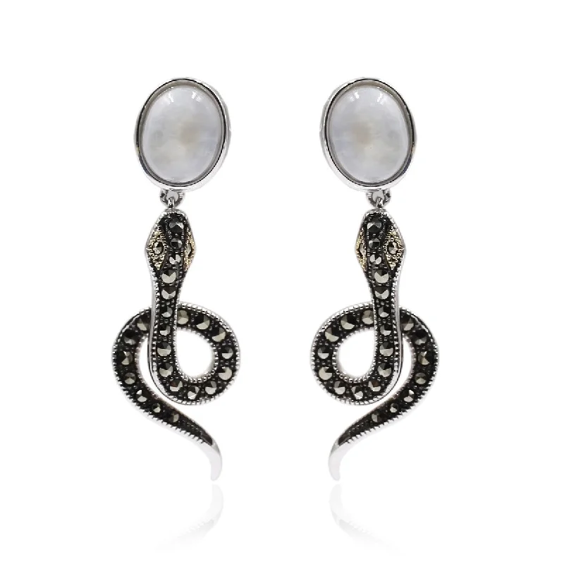 retro-style drop earrings-14K Gold & Sterling Silver with Moonstone, Marcasite Earrings