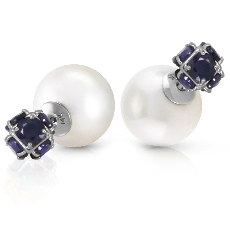 adaptable silver earrings-14K Solid Gold Tribal Double Shell Pearls And Sapphires Stud Earrings