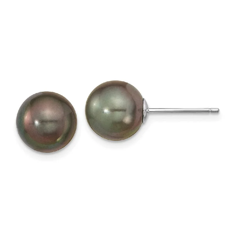 retro pearl drop earrings-14k White Gold Saltwater Cultured Tahitian Pearl Stud Earrings (L-9 mm, W-10 mm)