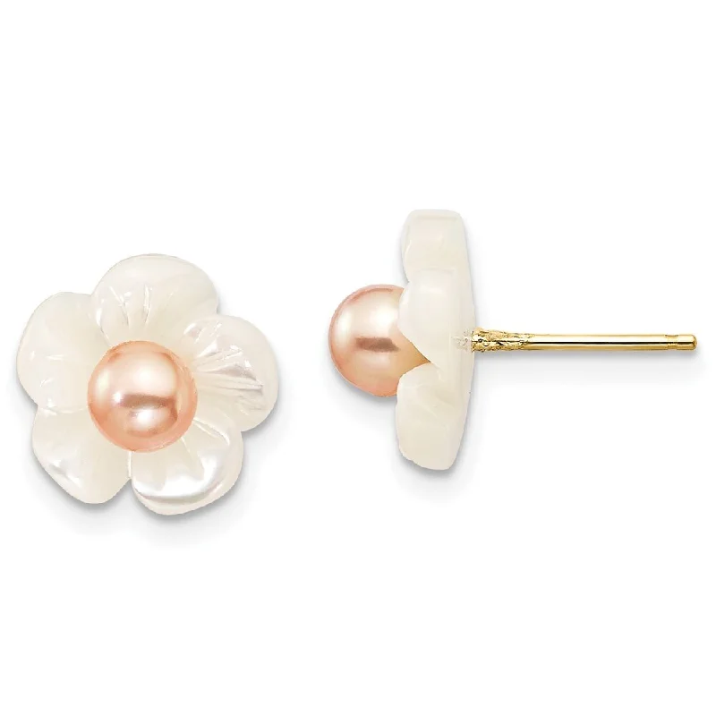 coiled silver earrings-14k Yellow Gold 3-4mm Pink Cultured Pearl w10mm MOP Flower Stud Earrings (L-10 mm, W-10 mm)