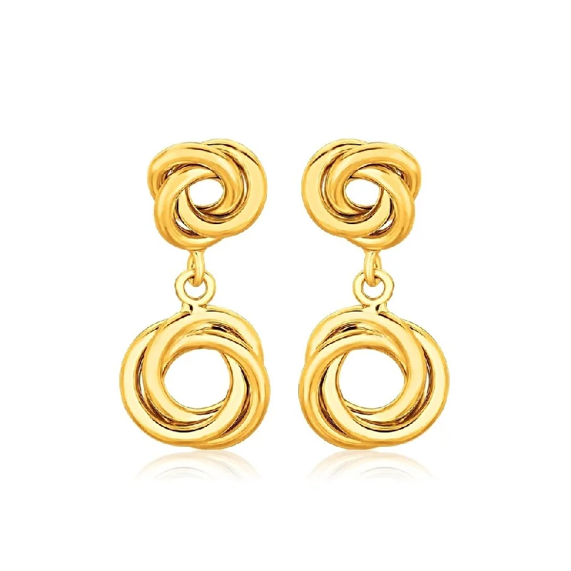 interlocked love earrings-14k Yellow Gold Love Knot Stud Earrings with Drops