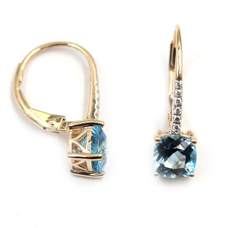 topaz hoop earrings-14Kt Yellow Gold Swiss Blue Topaz an Diamond Dangling Earrings