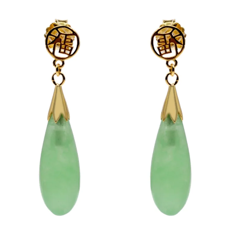 retro-style hoop earrings-18k Yellow Gold Over Sterling Silver Green Jade Gemstone Drop Earrings