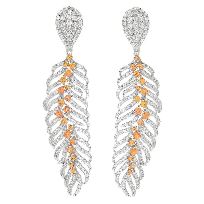 ripple gemstone earrings-2.75" Orange Sapphire Feather Drop Earrings