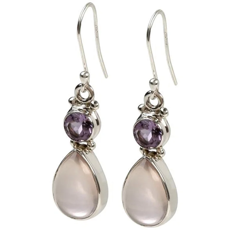 sprig engraved earrings-925 Sterling Silver African Amethyst and Rose Quartz Drop Earrings