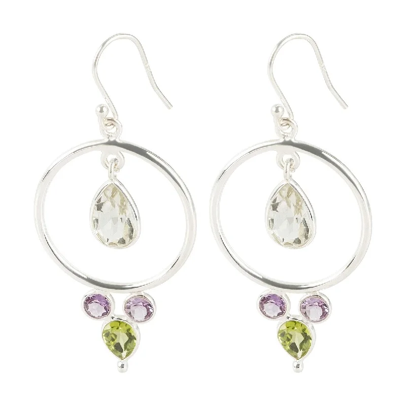 sculpted stud earrings-925 Sterling Silver Green Amethyst, Brazilian Amethyst and Peridot Gemstone Dangle Earrings