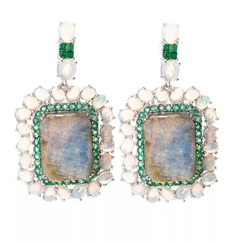 drifter aquamarine earrings-925 Sterling Silver Labradorite, Ethiopian Opal, Brazilian Emerald Gemstone Earrings