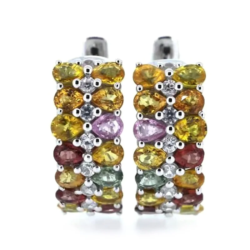 floral-themed earrings-925 Sterling Silver Multi Sapphire and White Natural Zircon Earrings