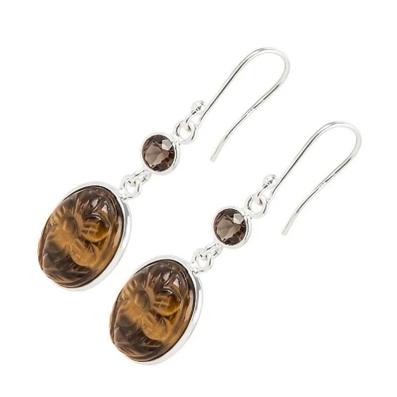 glowing gold earrings-925 Sterling Silver Smoky Quartz And Tiger Eye Drop & Dangle Earrings