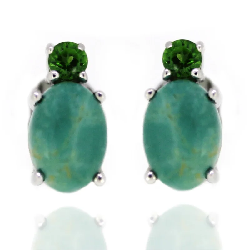 extravagant cocktail earrings-925 Sterling Silver Tyrone Turquoise and Chrome Diopside Earrings