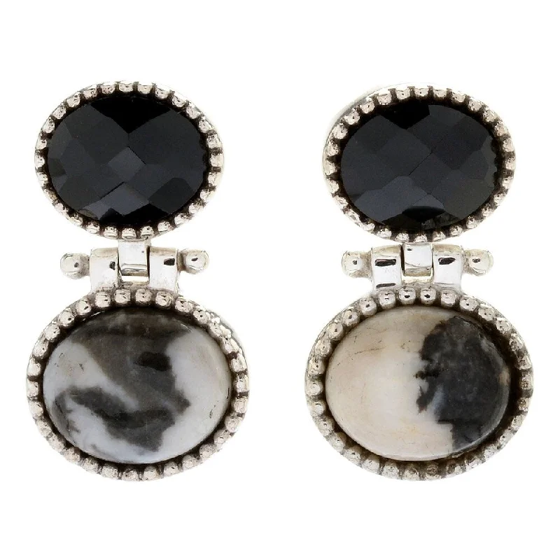 sculpted silver earrings-925 Sterling Silver White Buffalo and Black Spinel Dangle Earrings