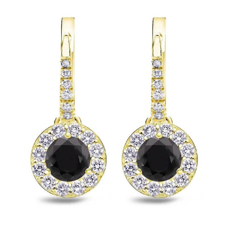 floral-inspired earrings-Auriya 1/2 to 3ctw Halo Black Diamond Dangle Earrings 14k Yellow Gold (H-I, SI1-SI2)