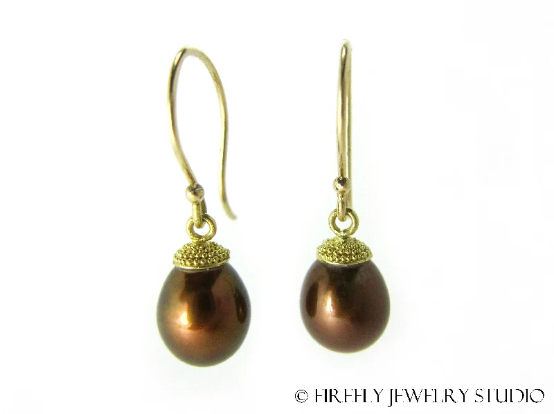 aquamarine drop earrings-Chocolate Pearl Acorn Earrings in Granulated 18k Yellow Gold