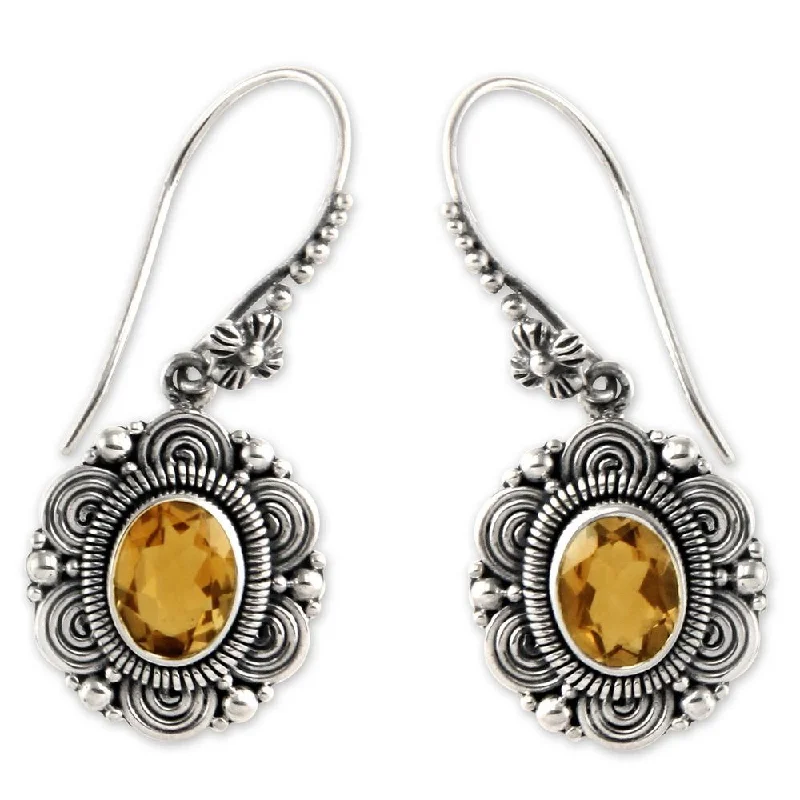 slender bar earrings-Citrine Flower Earrings, 'Balinese Sunflower' (Indonesia) - 1.3L*0.6W