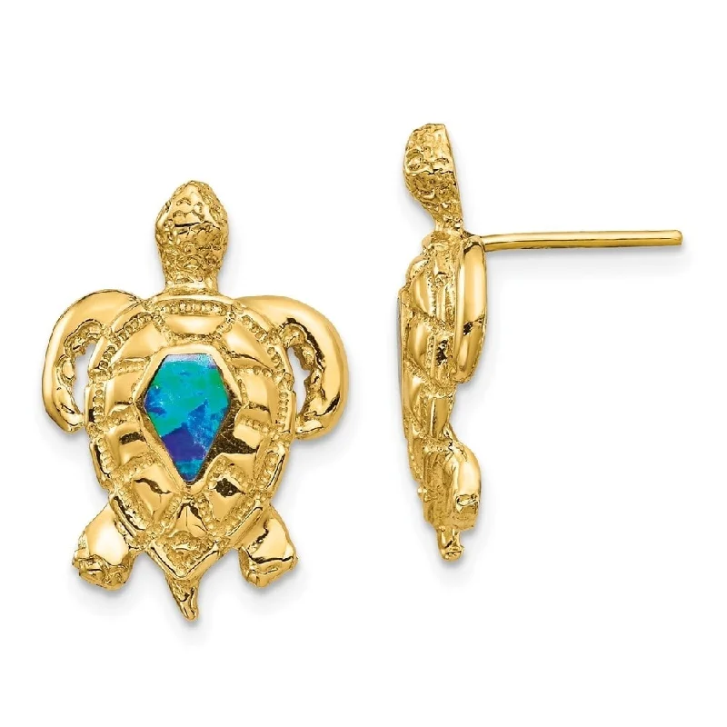 raw turquoise earrings-Diamond2Deal 14K Yellow Gold Created Opal Turtle Stud Earrings (L- 20.15 mm, W- 13.93 mm)