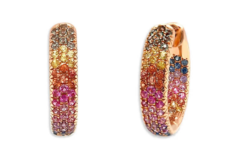 rose quartz stone earrings-Earrings 18kt Gold & 3-Row Multicolor Sapphires Hoops