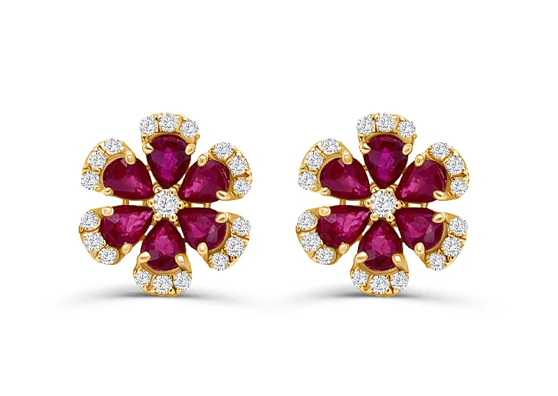 tech gold earrings-Earrings 18kt Gold 6 Petals Flowers Ruby & Diamonds