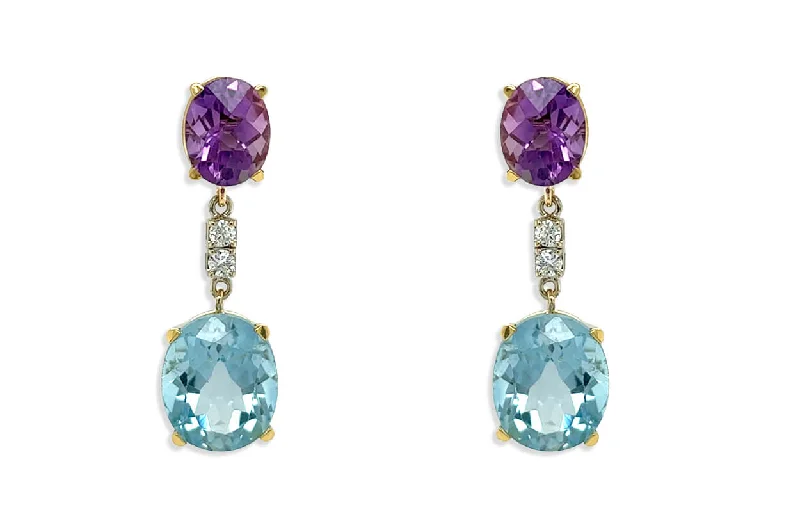 gothic topaz earrings-Earrings 18kt Gold Amethyst & Blue Topaz Drops with Diamonds