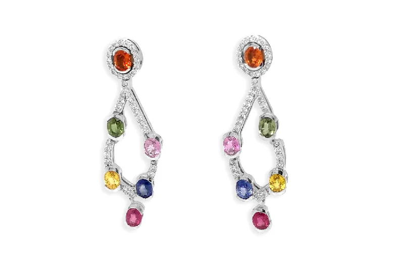 coiled silver earrings-Earrings 18kt Gold Chandelier with Multicolor Sapphires & Diamonds