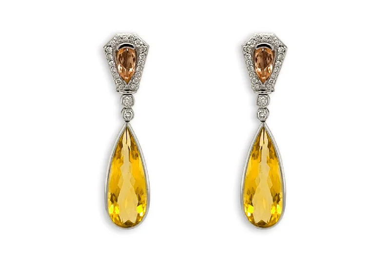 fluid modern earrings-Earrings 18kt Gold Citrines Drop with Precious Topaz & Diamonds